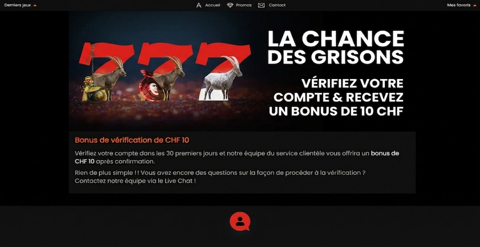 bonus sans depôt de 10 CHF sur Casino777.ch