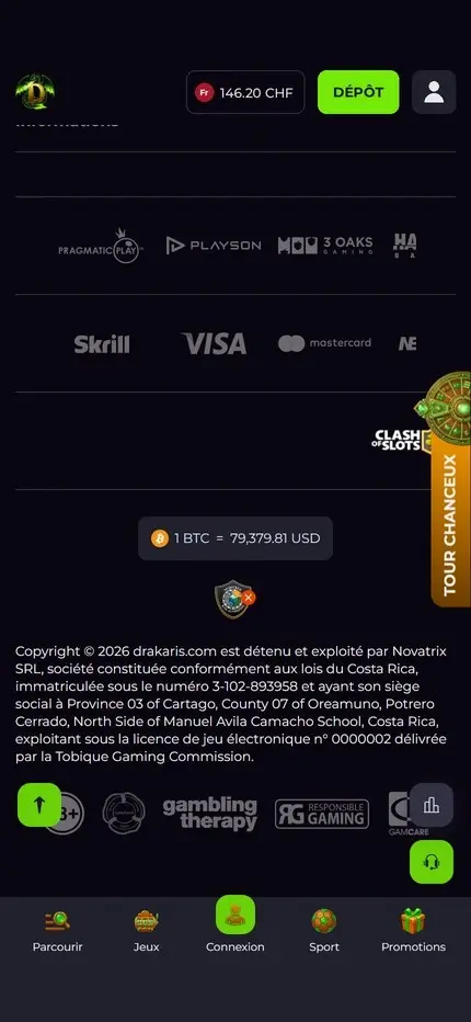 Footer avec moyens de sécurité et jeu responsables
