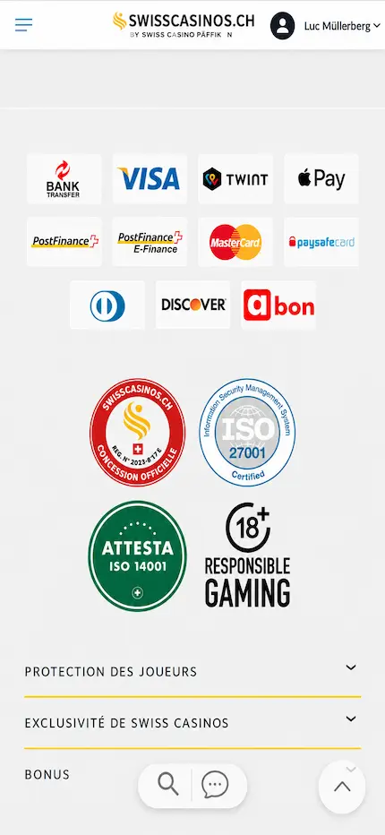 Capture web des solutions de paiement disponibles sur Swisscasino.ch